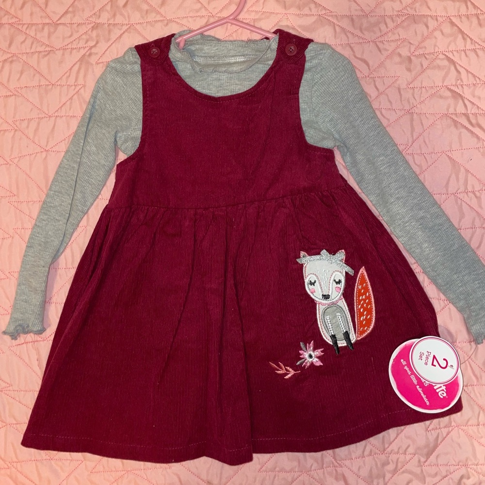 Nannette Maroon Corduroy Dress w Gray Turtle Neck Long Sleeve - Toddler Girls 3T